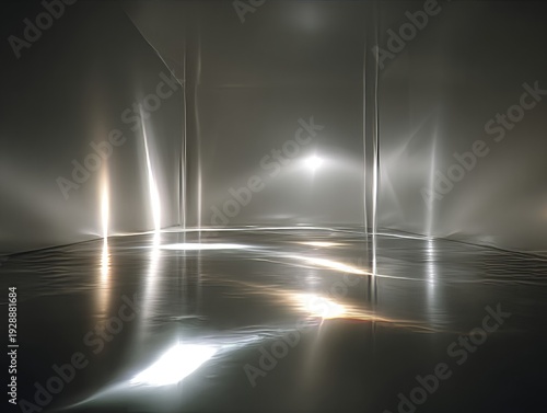 Dramatic light beams in modern silver interior space