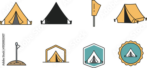 Camping and Outdoor Adventure Vector Illustration Set with Yellow Ridge Tents Camping Gear Silhouettes Flag Icons and Wilderness Badge Designs