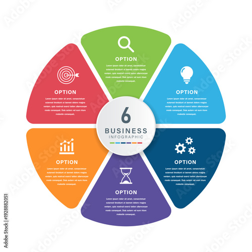 6 Segment Circular Business Infographic Template with Central Hub, Icons, and Color Coded Options for Corporate Strategy, Workflow, and Presentation Visuals