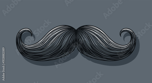 Classic black curly mustache with detailed hair texture presented on a solid dark grey background as a vintage barbershop icon.