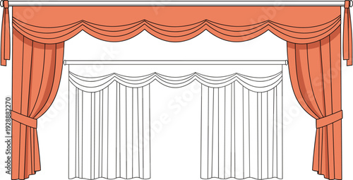 Curtains and Window Drapes Vector Illustration Set with Elegant Orange Valance Designs Classic White Tier Curtains and Interior Home Decor Elements