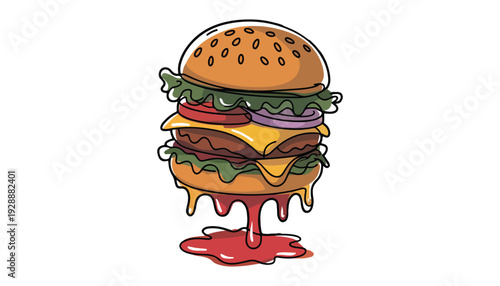 One continuous line illustration of an burger , isolated on white background.