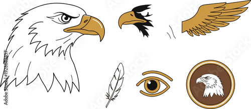Eagle Mascot and Wildlife Vector Illustration Set with Fierce Bald Eagle Head Mascot Designs Golden Brown Wing Icons and Detailed Feather Outlines