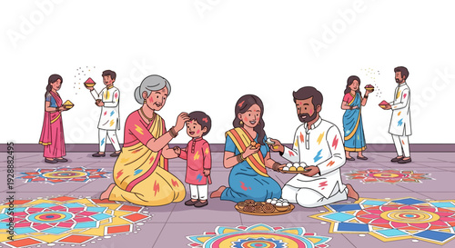 Vibrant Family Holi Courtyard Scene