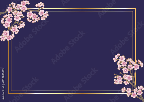 桜の花のフレーム（A4横・ネイビー）