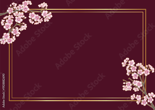 桜の花のフレーム（A4横・ボルドー）