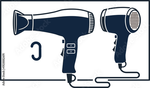 Hair Dryer and Beauty Salon Styling Vector Illustration Set with Professional Blow Dryer Silhouettes Hair Care Equipment and Barber Shop Tool Icons