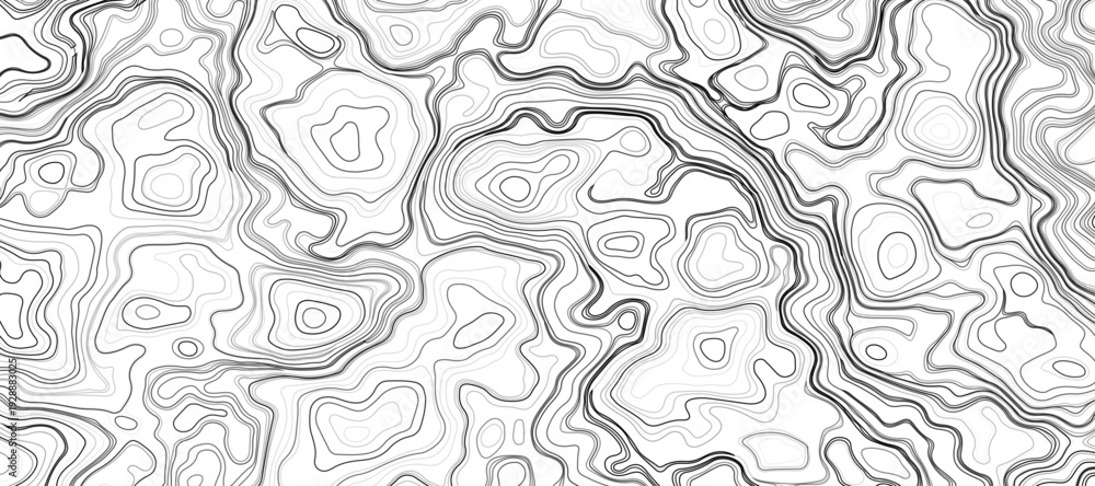Fototapeta premium Abstract Monochrome Topographic Map with Intricate Contour Lines – Seamless Black and White Vector Illustration, Modern Geometric Terrain Pattern, Digital Cartography Inspired Technology Texture.