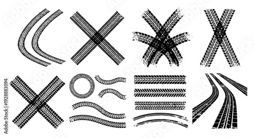 Tire tread marks after skidding, launch, drift, powerslide in motorsport, rally, off-road, motocross. Wheel texture with splash effect. Vector, transparent background SVG version.