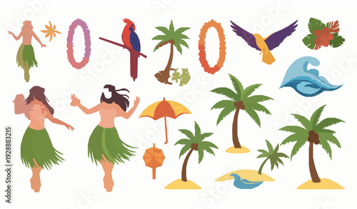 Decorative Hawaiian tropical vector illustration set with birds dancers and beach symbols