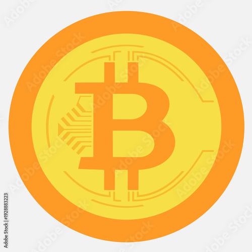 A flat, stylized vector illustration of a Bitcoin (BTC) cryptocurrency coin. The design features a golden-yellow center with the iconic "B" symbol, surrounded by a thick orange outer ring.