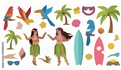 Vibrant Hawaiian themed vector collection with tropical birds hula dancers and beach icons