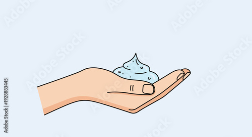 Illustration of a human hand holding a dollop of blue foam or gel for hygiene, cleaning, or personal care purposes.