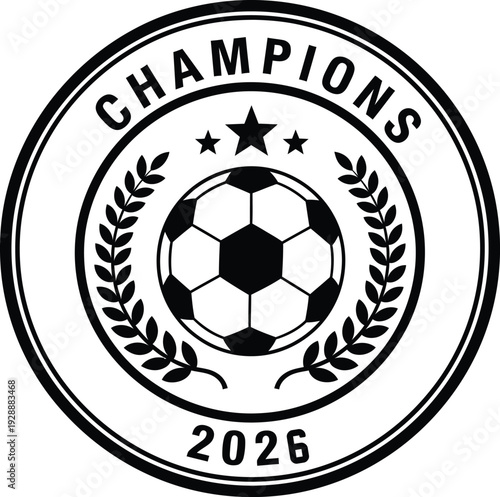 Black and white circular emblem with soccer ball and stars soccer, football, league