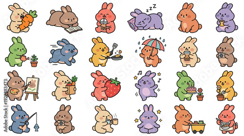 A delightful collection of 25 adorable cartoon bunnies engaged in various charming activities, showcasing a whimsical and heartwarming aesthetic.