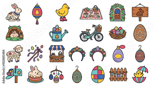 A vibrant collection of Easter-themed illustrations featuring bunnies, chicks, eggs, baskets, and festive decorations.