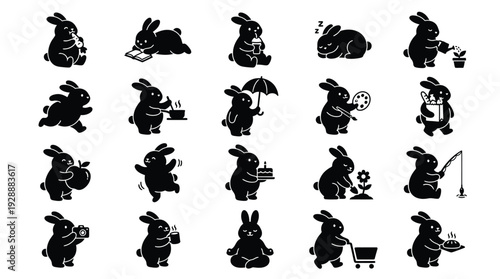 A collection of 25 black silhouette illustrations of a cute rabbit in various playful and everyday poses, showcasing different activities and emotions.