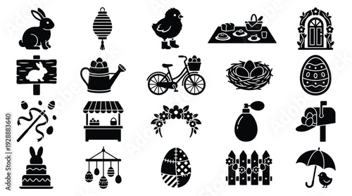 A collection of black and white Easter-themed icons and illustrations, featuring rabbits, eggs, and spring motifs.