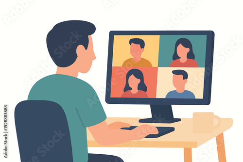 Man participating in a video conference call on a computer screen showing four people in a grid layout for remote work and online communication concepts