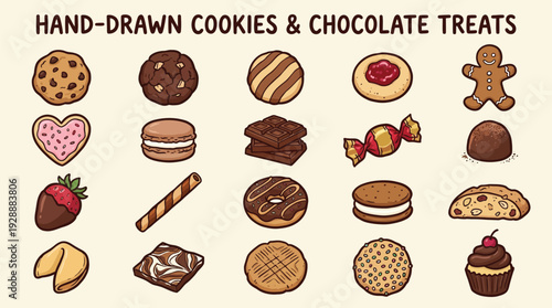 A delightful collection of hand-drawn illustrations featuring a variety of cookies and chocolate treats, perfect for culinary themes.