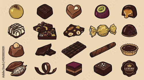 A diverse collection of artisanal chocolates, including truffles, pralines, chocolate bars, and bonbons, artfully arranged on a textured background.