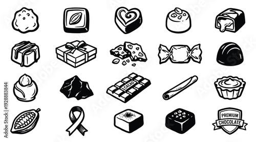 A collection of various chocolate types and related items, presented in a black and white illustration style.