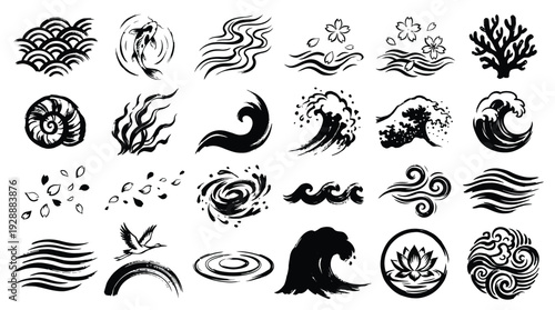 Collection of Japanese ink brush stroke illustrations featuring waves, koi fish, coral, flowers, and other natural elements.