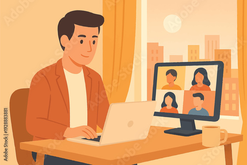 Man working from home on a video conference call communicating with colleagues online remote work concept illustration