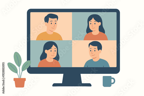 Video conference call with four people on computer screen flat design illustration for online communication and remote work concept