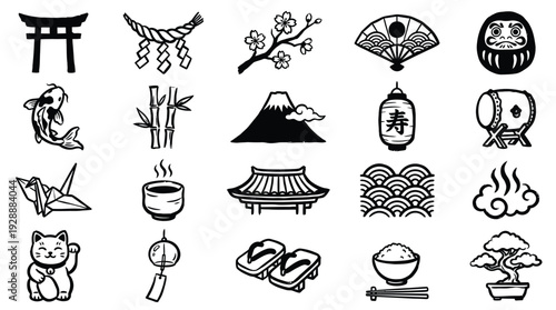 A collection of traditional Japanese cultural icons and symbols, including flora, fauna, architecture, and everyday objects, presented in a black and white illustrative style.
