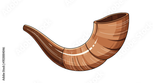 Detailed illustration of a shofar or rams horn used in Jewish religious ceremonies, shown in brown tones on a white background.
