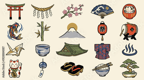 A vibrant collection of Japanese cultural icons and symbols, including traditional clothing, food, nature, and architectural elements.