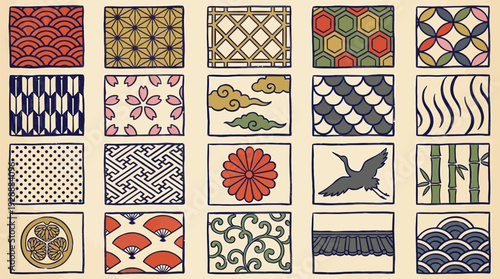A collection of traditional Japanese patterns and motifs displayed in a grid of squares, showcasing diverse cultural artistry.