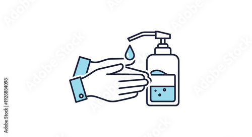 Icon showing hands being cleaned with a drop of liquid from a pump bottle of hand sanitizer for germ protection.