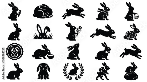 Collection of 20 black silhouette icons featuring various rabbit poses and activities, suitable for Easter or general animal themes.