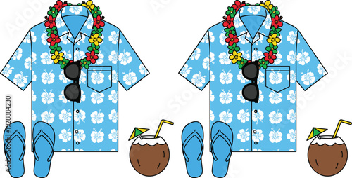 Summer Vacation and Tropical Beach Vector Illustration Set with Hawaiian Floral Shirt Flower Lei Necklace Coconut Drink and Flip Flops Icons