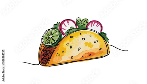 One continuous line illustration of an tacos , isolated on white background.