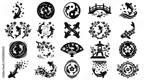 Collection of Japanese Koi Fish and Cherry Blossom Motifs, including Yin Yang symbols, bridges, fans, and lanterns, presented in a black and white graphic style.