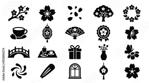 Collection of Black and White Icons Representing Japanese Culture and Nature Elements.