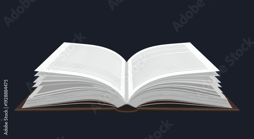 Wide open book with white pages and a dark brown cover shown from a low perspective on a solid dark grey background.