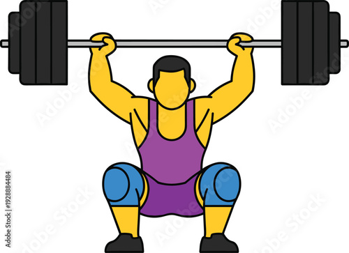 Weightlifting and Gym Fitness Vector Illustration with Strong Male Character Performing Heavy Barbell Squats for Bodybuilding and Athletic Training