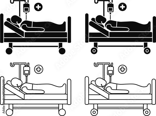 Four hospital beds with patients receiving intravenous treatment in and medical care healthcare