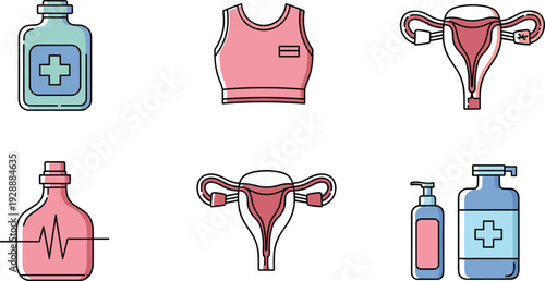 Women's Health and Wellness Vector Illustration Set with Reproductive System Anatomy Icons Medical Flasks Sportswear and Healthcare Symbol Designs