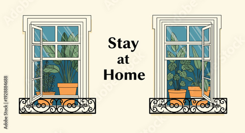 Two open windows with green potted plants on the sills and a central text that reads stay at home for safety.