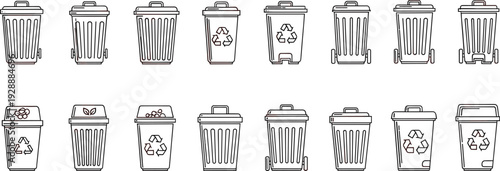 Set of and trash bins with recycling and compost symbols in a row recycling bin compost bin waste bin