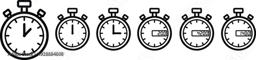 Set of six and stopwatch showing different time measurements and a running timer clock digital display