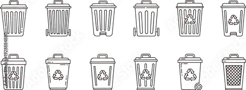 Set of ten and recycling bins with and without recycling symbols in a row trash can waste bin garbage can