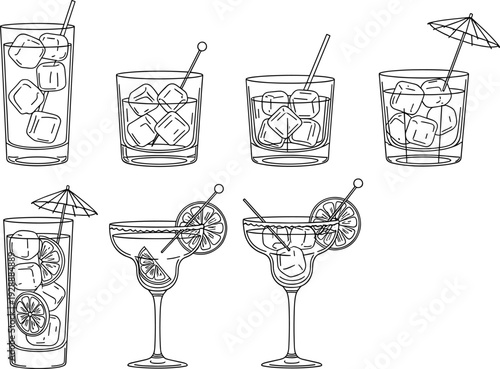 Six and of cocktails with ice cubes and lemon slices in various glasses drink