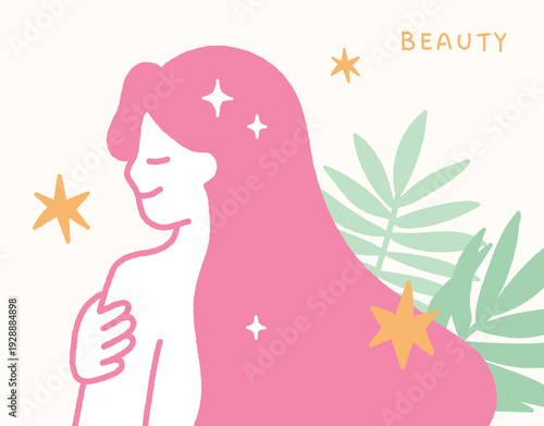 Skin care concept handdrawn illustration with beautiful woman and leaves.