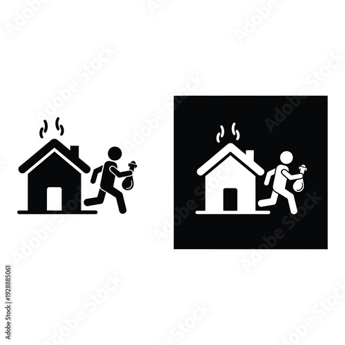 Stick figure running from burning house with smoke and bag icon